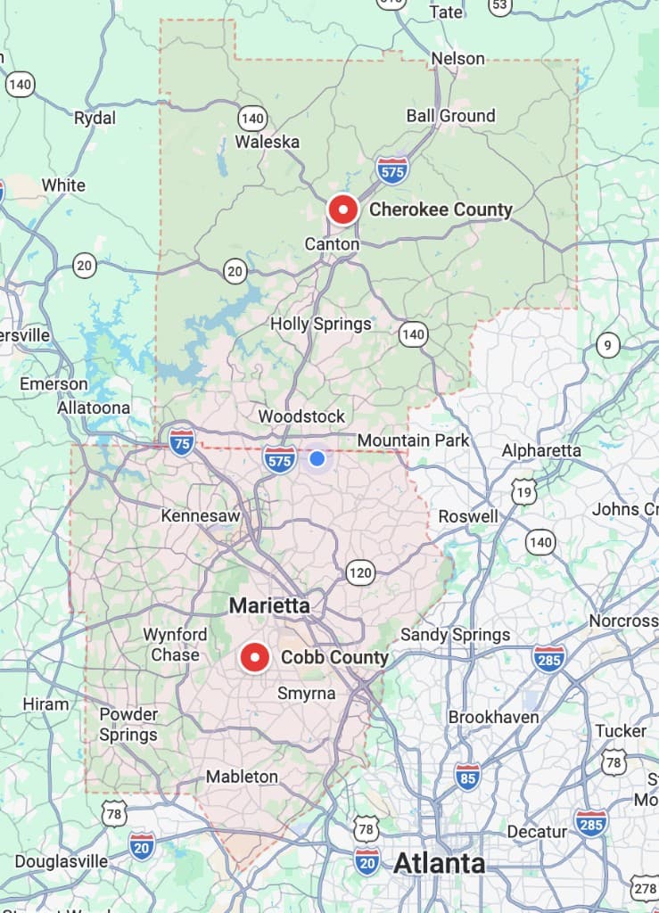 Map highlighting Cherokee County and Cobb County, Georgia